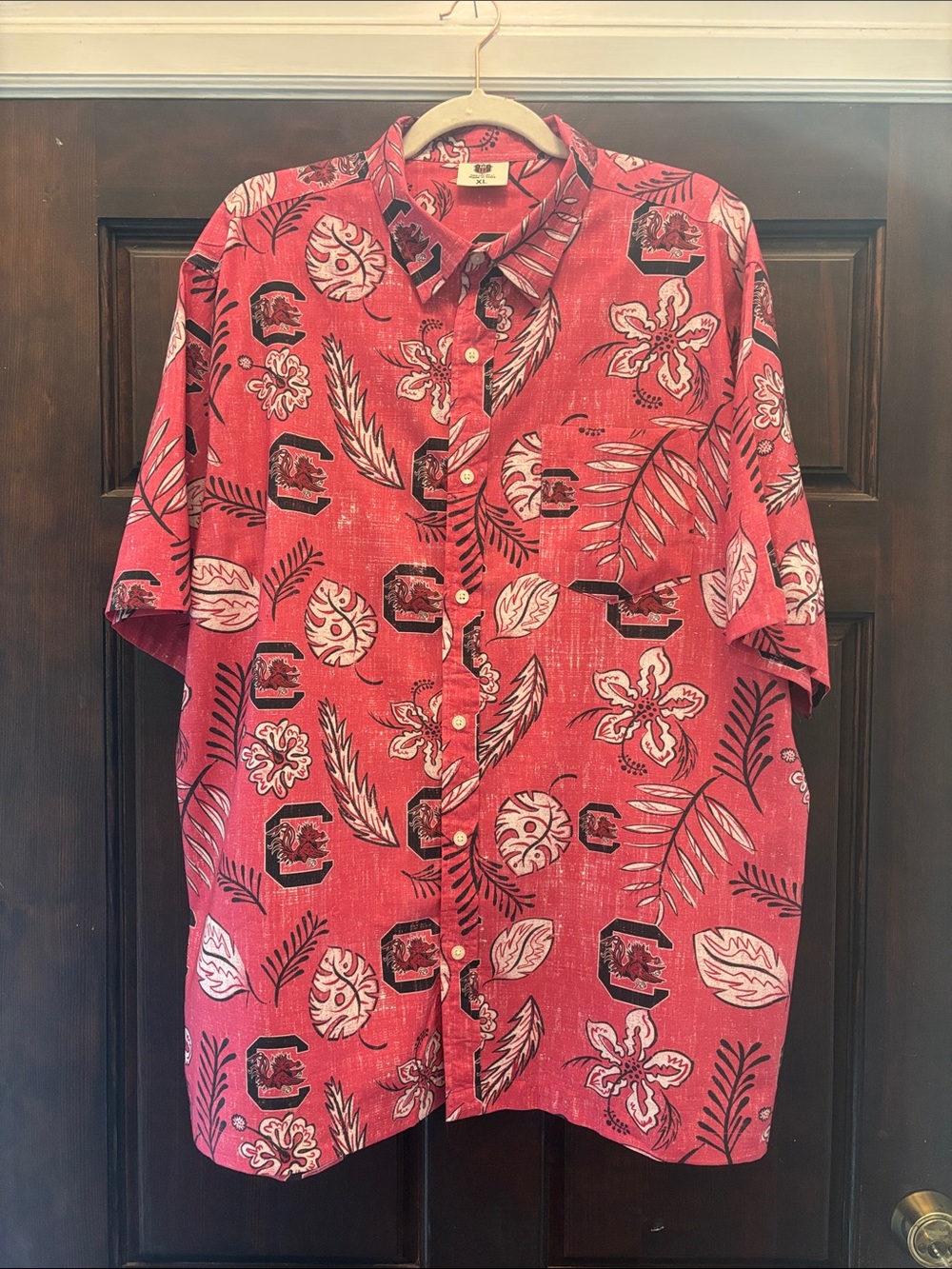 Gamecock Wes and Willy Red Floral Short-Sleeve Men's Button-Up Shirt.